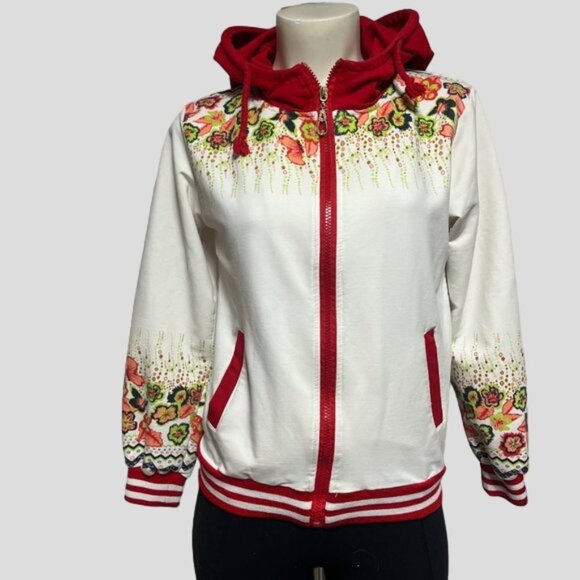 Satin White & Red Zip Up Hooded Jacket - Picture 1 of 12